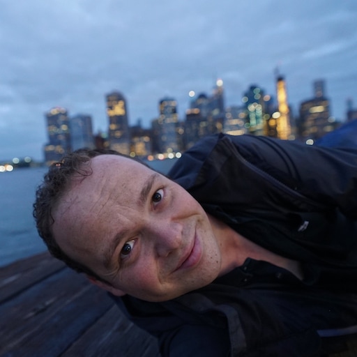 Selfie of Sebastien, front laying, head rotated 45 degrees, with  blurred NYC on the background.