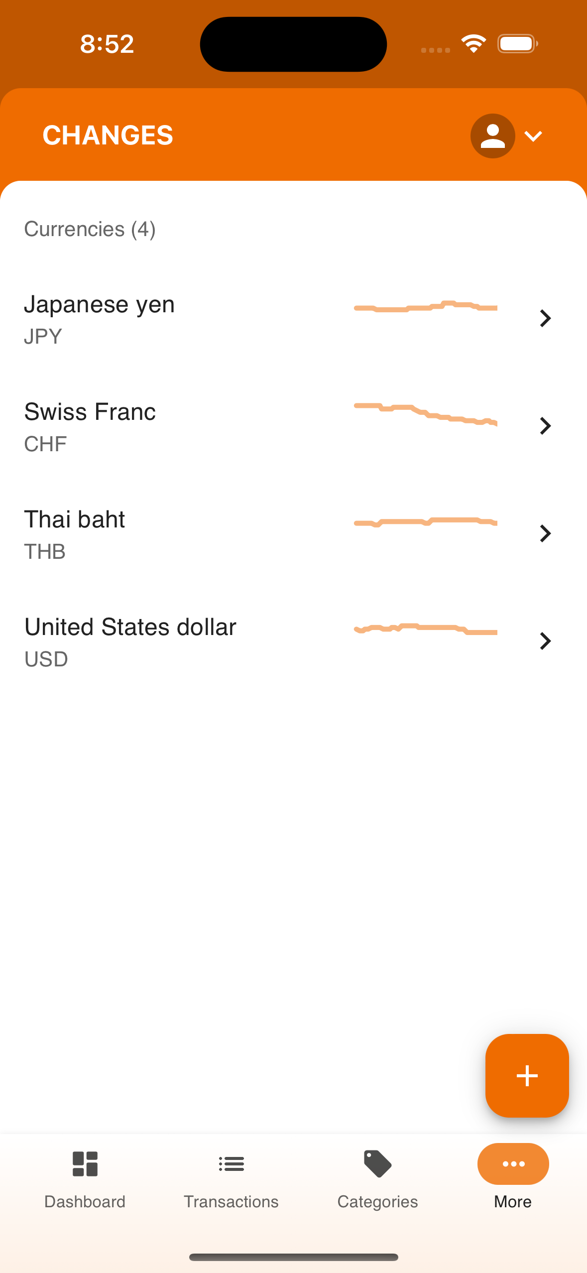 Seven23 currency list on iPhone