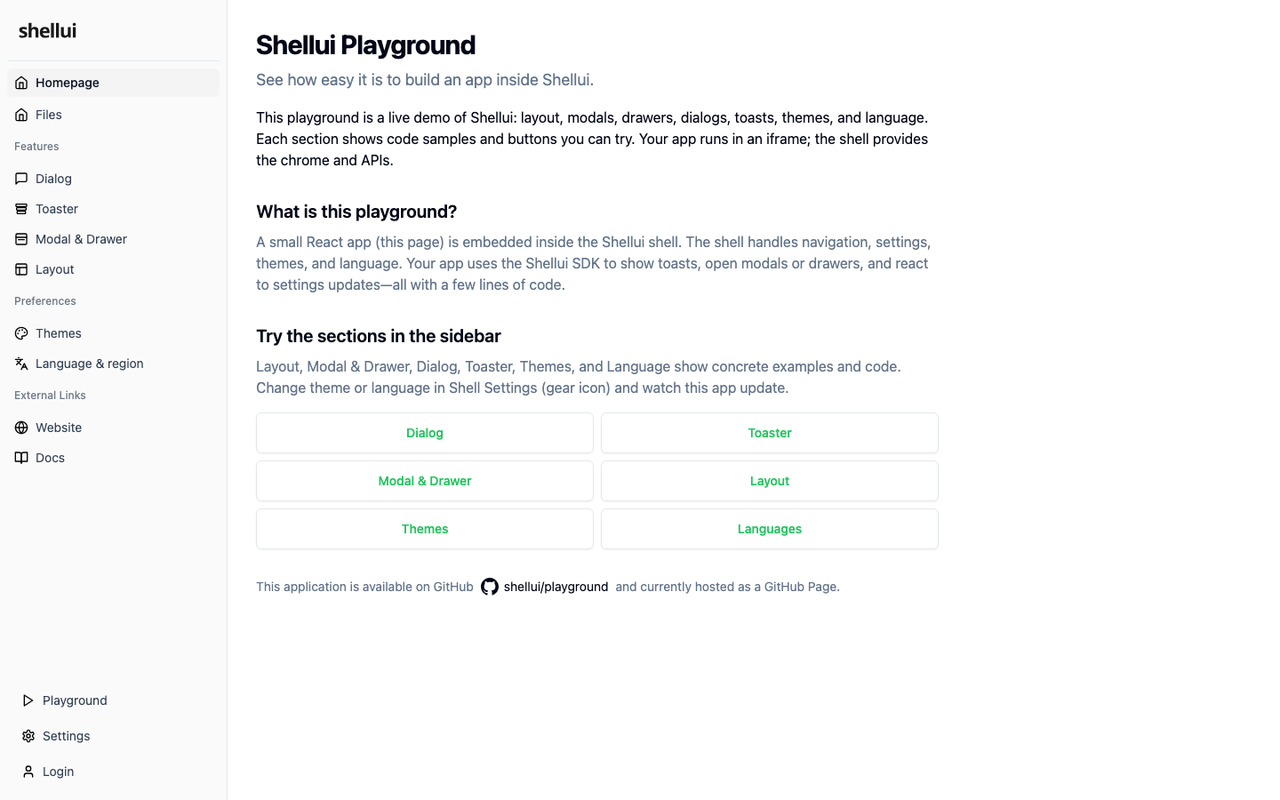 Shellui playground with sidebar navigation and feature shortcuts